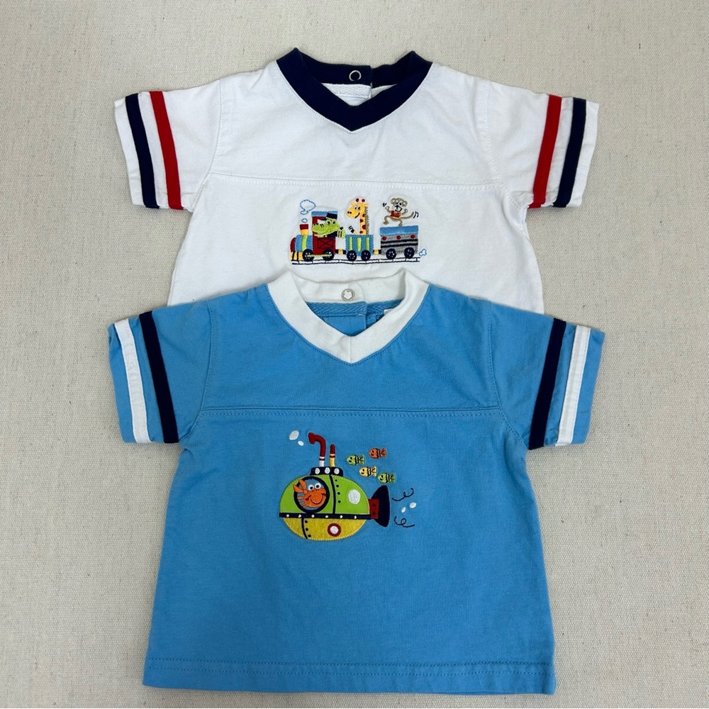 Okie Dokie White & Blue 2 Baby Shirts 3-6 Months
